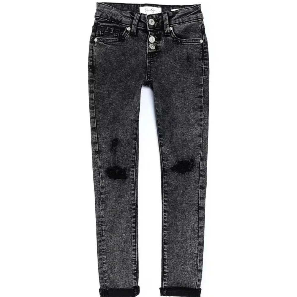 Jessica Simpson Girls Sz 10 Mid-Rise Emma Destructed Skinny Jeans Black Wash